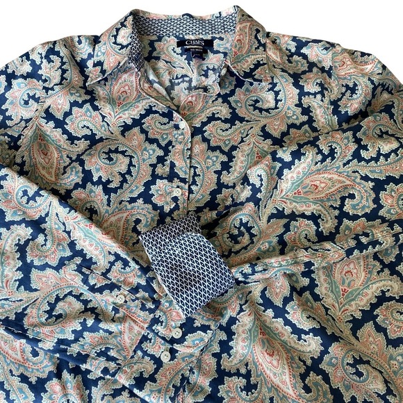Chaps Tops - Chaps Womens Paisley Print Long Sleeve Button Up Shirt L No Iron Navy Flip Cuffs